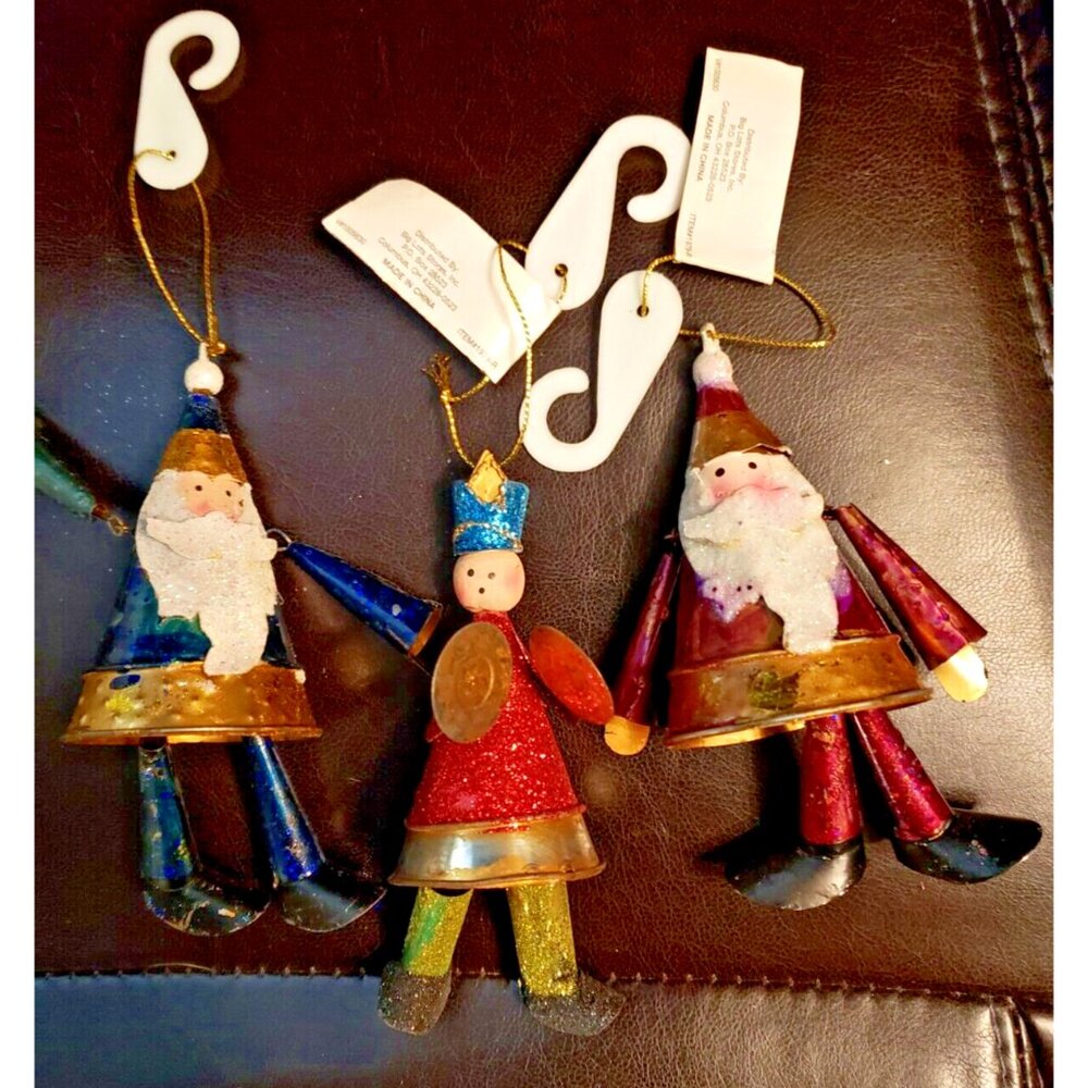 Vintage New Old Stock 3 Tin Christmas Ornaments Blue & Red Santa 1 Band Symbols